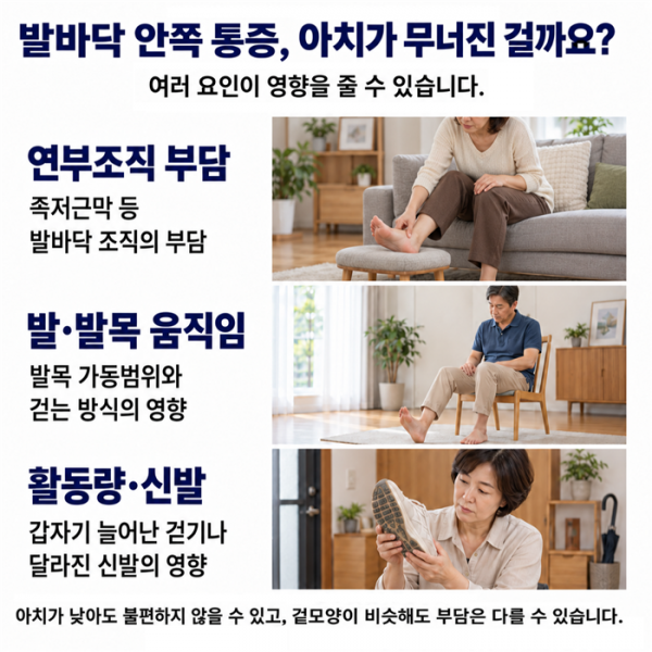 연부조직 발목 움직임 활동량과 신발이 아치 통증에 미치는 영향