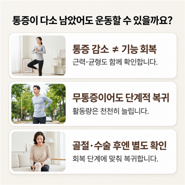 통증과 관절 움직임 근력 균형을 함께 점검하는 과정