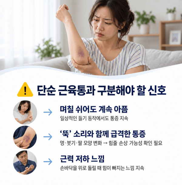 팔꿈치 힘줄 손상을 의심할 수 있는 통증과 멍 근력 저하 신호