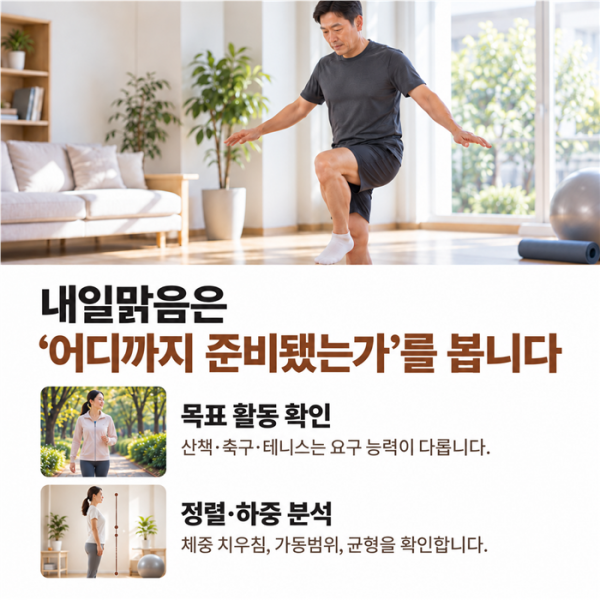 일상 활동부터 종목 동작까지 단계적으로 운동 강도를 높이는 과정